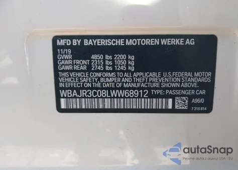 2020 BMW 530I from USA, damaged, VIN WBAJR3C08LWW68912